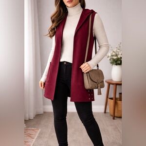 Rain + Rose Burgundy Hooded Vest Duster Lace Up S Sleeveless Cardigan